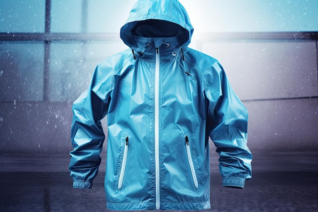 Person, die eine blaue Regenjacke mit Kapuze trägt. Generative KI