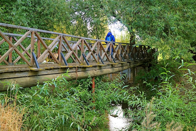 Person, die eine Holzbrücke im Wald überquert