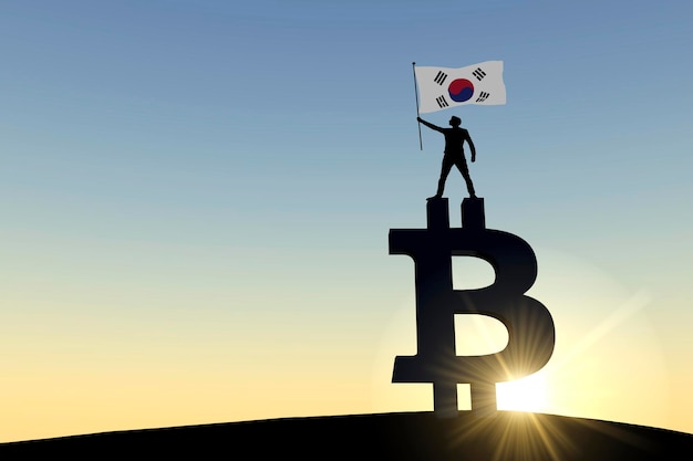 Person, die eine südkorea-flagge schwenkt, die auf einem bitcoin-kryptowährungssymbol d-rendering steht