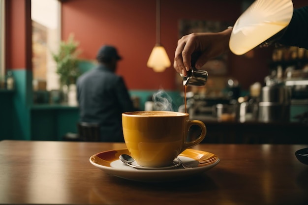 Person, die eine Tasse Kaffee serviert