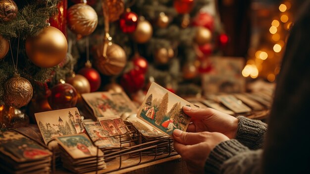 Person, die eine Weihnachtskarte vor dem Weihnachtenbaum hält