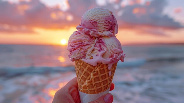 Person, die einen Eiscreme-Kegel am Ozean hält