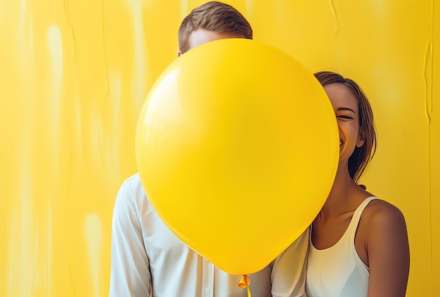 Person, die einen gelben Ballon mit einem lächelnden Logo um ihr Gesicht hält, glückliches Paar