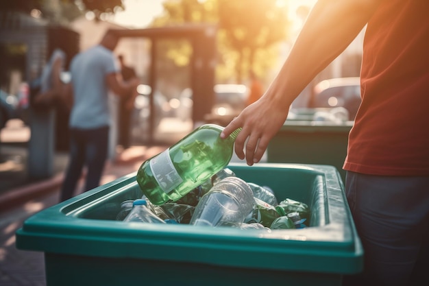Person, die Glasflaschen im Freien recycelt
