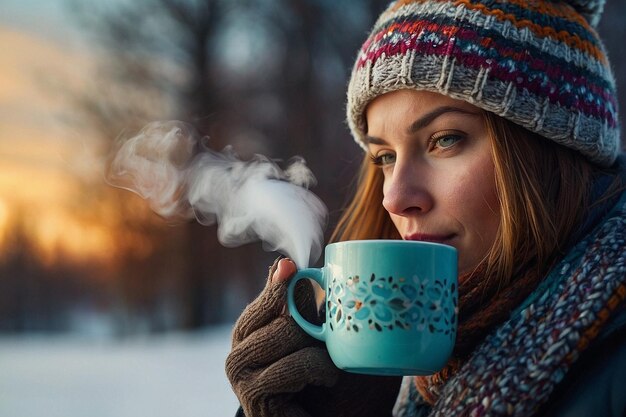 Person, die im Winter eine Kaffeetasse mit Dampf hält