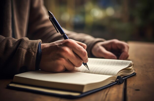 Person, die in ein Notizbuch mit Stift schreibt und Gedanken und Ideen auf einem Bild von Bildungsunterlagen auf Papier festhält