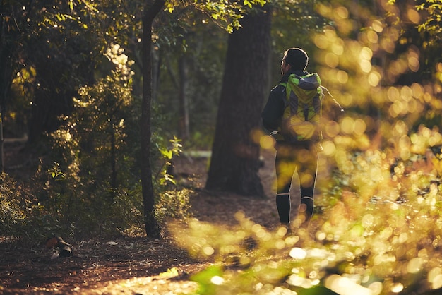 Person, die mit dem Rucksack unterwegs ist und in der Natur, im Wald, in Wäldern oder in Bäumen wandert, um Abenteuer zu erleben, sich zu entspannen, zu trainieren oder Fitnessübungen zu machen. Hinter dem Mann geht oder wandert man in der Umwelt, im Gesundheitswesen oder im morgendlichen Wellness