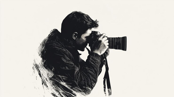 Person, die mit einer Kamera im künstlerischen Stil vor einem hellen Hintergrund fotografiert