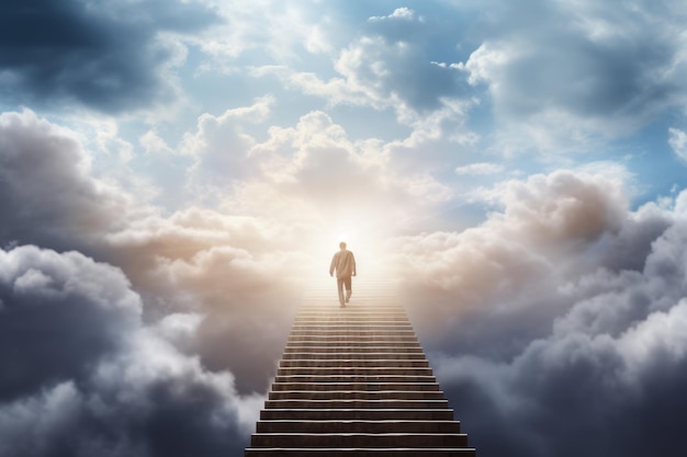 Person, die nach dem Tod durch Wolken am Himmel die Treppe zum Himmel hinaufläuft Generative Ai