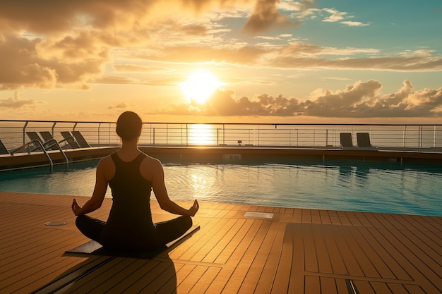 Person, die neben dem Kreuzfahrtschiff-Pool Yoga praktiziert, mit Sonnenaufgang als Hintergrund