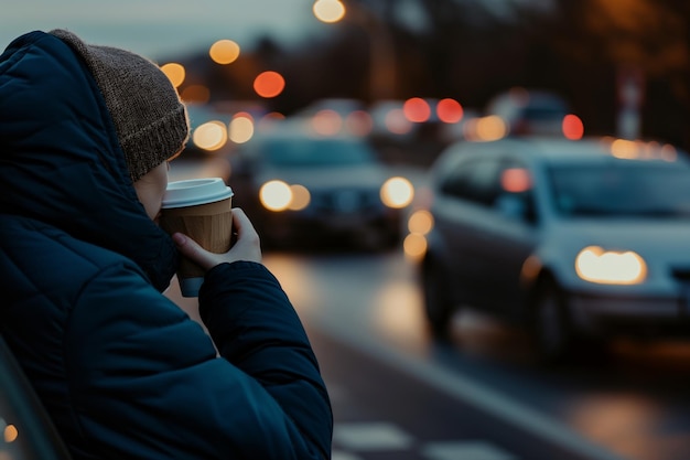 Person, die neben ihrem Auto Kaffee trinkt, mit verschwommenen Fahrzeugen auf der Straße