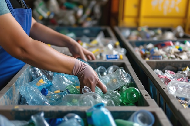 Person, die Plastikflaschen zum Recycling sortiert