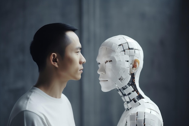 Person, die sich eine roboterhafte Version ihrer künstlichen Intelligenz anschaut, tiefe gefälschte generative AI