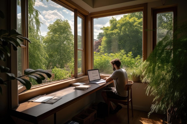 Person, die vom Heimbüro aus mit Blick auf Fenster und Grün draußen arbeitet, erstellt mit generativer KI