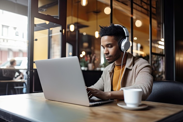 Person, die von einem Café aus mit Laptop und Kopfhörern arbeitet