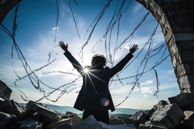 Foto person, die vor dem steinbogen steht