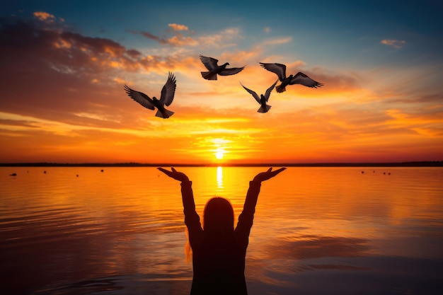 Foto person, die vor einem gewässer steht und über dem vögel fliegen. hände öffnen die handfläche nach oben. anbetung mit vögeln, die über ruhiges wasser fliegen, sonnenuntergangshintergrund, ki-generiert