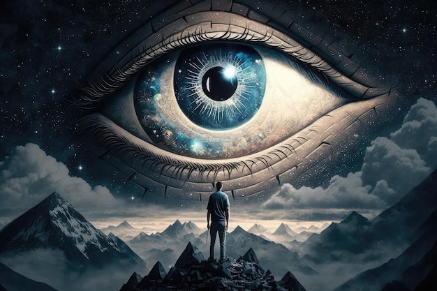 Person, die zum allsehenden Auge blickt, mit Nachthimmel im Hintergrund, erstellt mit generativer KI