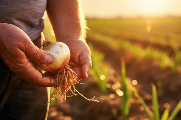 Person hält Zwiebel im Feld