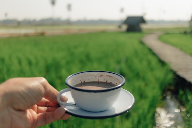 Person halten einen Kaffee mit Blick auf grünes Reisfeld im Konzept der Entspannung.