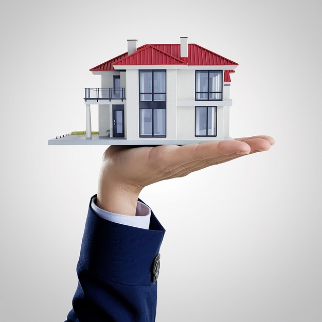 Foto a person holding a model of a house with a red roof