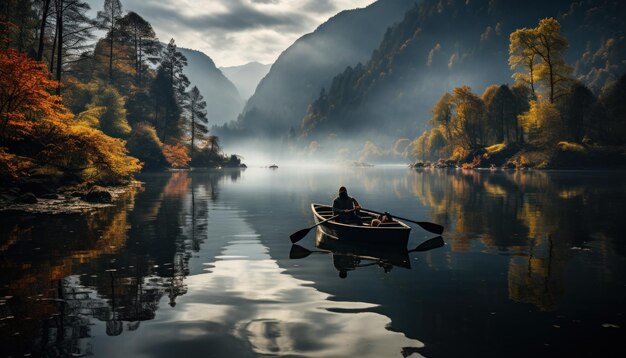 Person im Ruderboot auf dem See im Herbstlandschaft