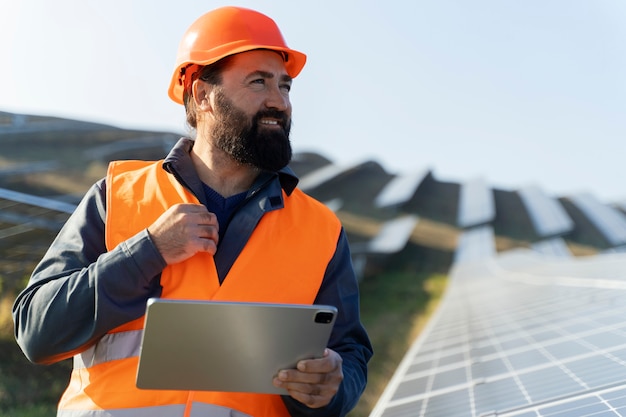 Foto person in der nähe einer alternativen energieanlage