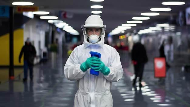 Person in einem weißen chemischen Schutzanzug, die öffentliche Bereiche desinfiziert, um die Ausbreitung von Highl zu stoppen