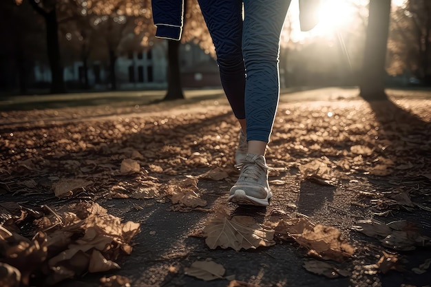 Person joggt im Park mit Turnschuhen auf dem Boden. Generative KI