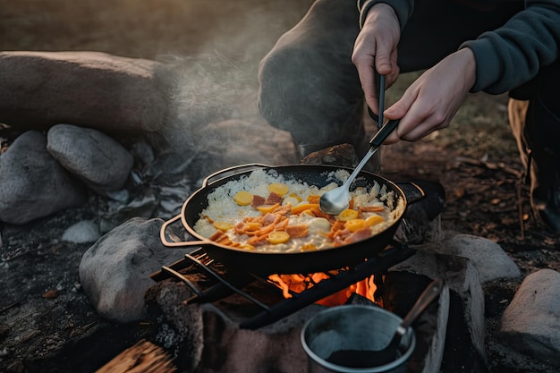Foto person kocht eine warme mahlzeit aus rührei und speck auf einem campingkocher, der mit generativer ki erstellt wurde