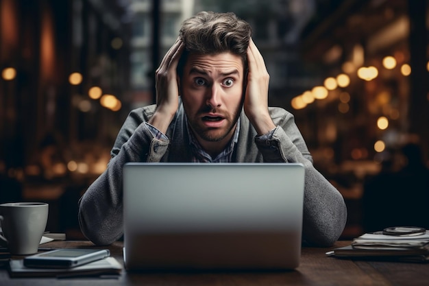 Person mit arbeitsbedingtem Stress und Laptop, die geschäftlichem Druck und Angstgefühlen ausgesetzt ist