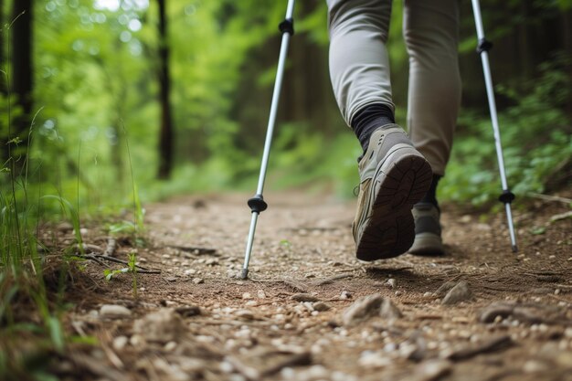 Person mit Gehstangen auf einem Waldweg