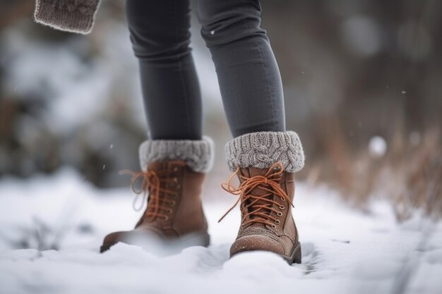 Person mit gemütlichem Winteroutfit aus Strickwaren und warmen Stiefeln, kreiert mit generativer KI