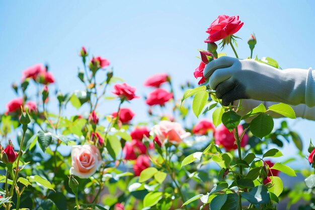 Person mit Handschuhen, die Rosenbüsche beschneidet, klarer Tag