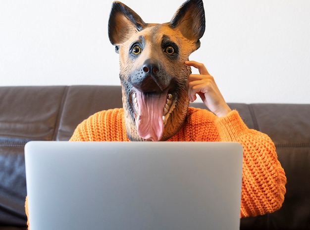 Person mit Hundemaske arbeitet zu Hause mit Laptop