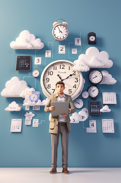 Person mit Laptop und Uhr, Konversation, Cloud-Kalenderstatistiken, 3D-Rendering