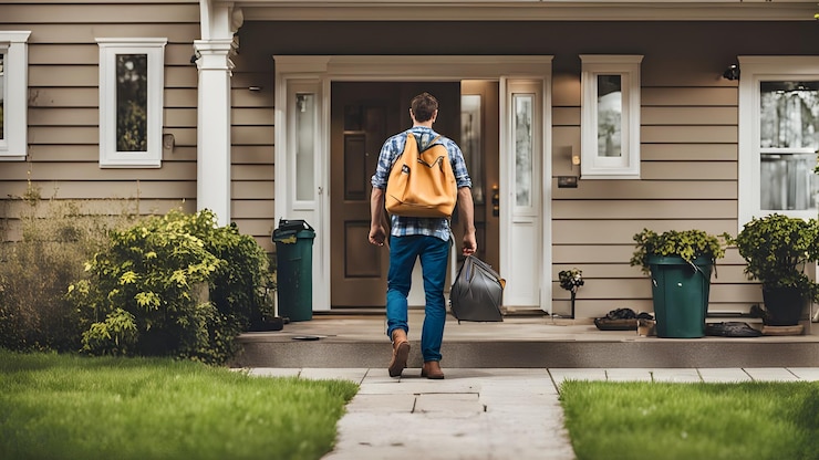 Foto person mit rucksack, die an einem sonnigen tag in richtung der eingang des vorstadthauses geht