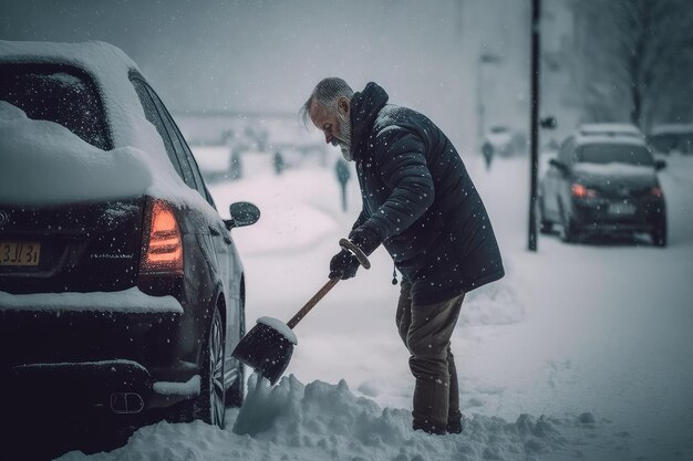 Person mit Schaufel in der Hand, die Schnee von ihren Autoreifen räumt, bevor sie auf Winterreise geht