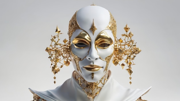 Person mit weißer Maske und Goldschmuck