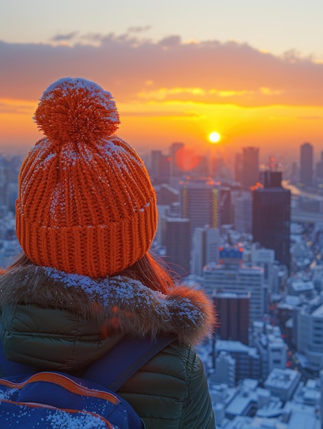 Person mit Winterhut, die über die Stadt blickt