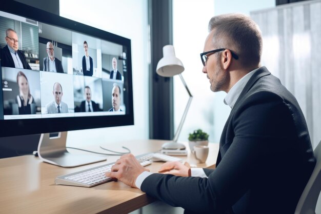 Person nutzt Videokonferenztools, um sich mit einem Kunden in einer anderen Stadt zu treffen, die mit generativer KI erstellt wurde