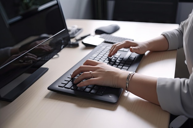 Person sitzt am Schreibtisch in einem modernen und minimalistischen Büro und tippt auf einer Tastatur, die mit generativer KI erstellt wurde