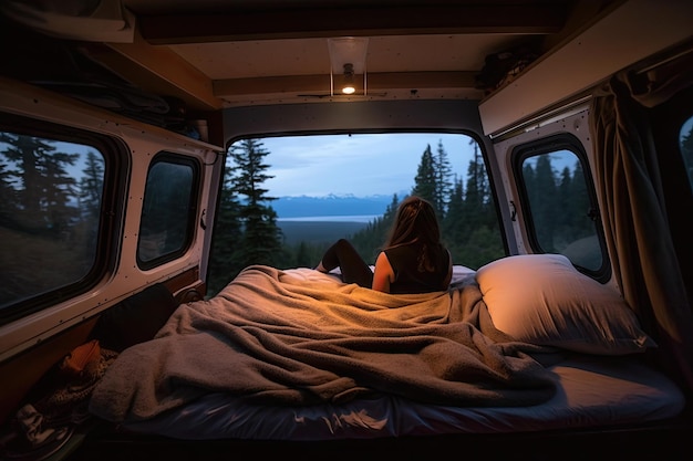 Person sitzt auf dem Bett im Lieferwagen und schaut aus dem Fenster, erstellt mit generativer KI