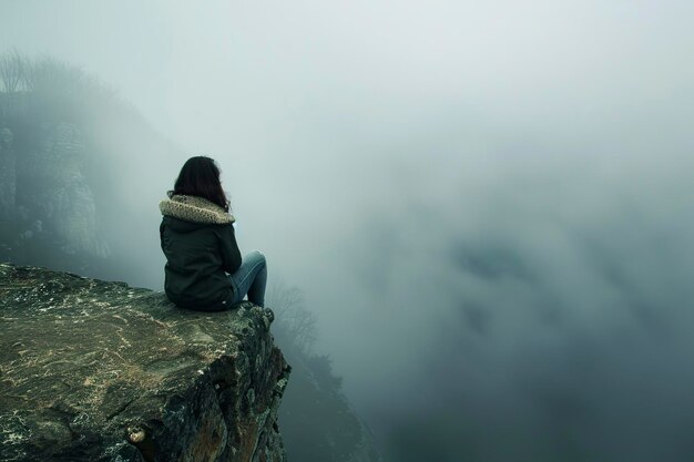 Foto person sitzt auf einem felsen und schaut auf berge