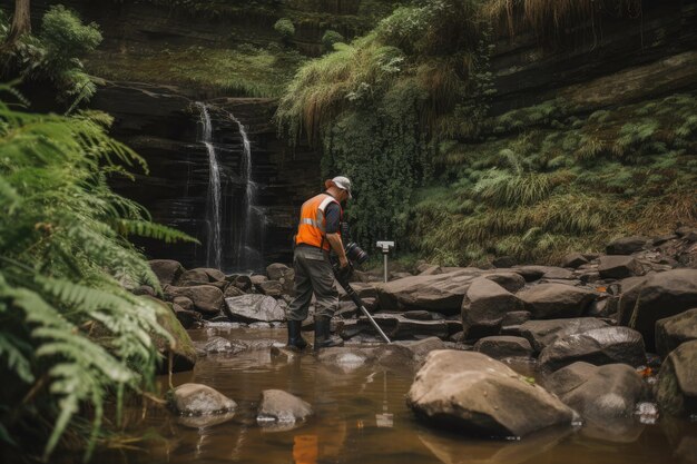 Person sucht mit Metalldetektor nach verlorenen Schätzen im Wasserfallpark, der mit generativer KI erstellt wurde