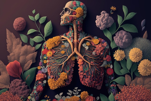 Person umgeben von einem Blumengarten mit Lungen aus Blüten, die mit generativer KI erstellt wurden