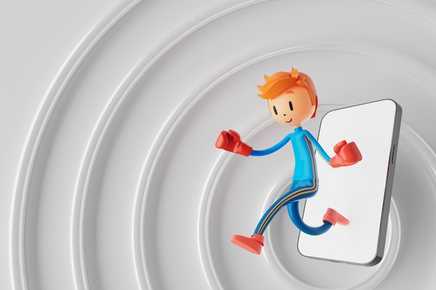 Person Zeichentrickfigur Junge und Mädchen mit Sportobjekten 3D-Illustration Fitness-Aktivität Aktion Mann in einem Sportspiel Gesundes Konzept 3D-Ball Übung ActionSmartphone Smartwatch Design