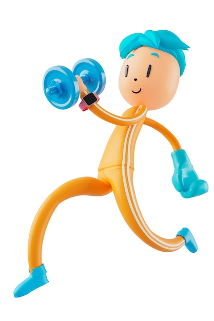 Person Zeichentrickfigur Junge und Mädchen mit Sportobjekten 3D-Illustration Fitness-Aktivität Aktion Mann in einem Sportspiel Gesundes Konzept 3D-Ball Übung ActionSmartphone Smartwatch Design
