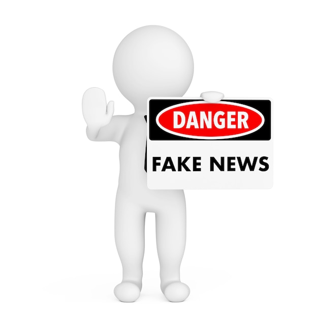 Persona 3D con signo de peligro de noticias falsas en la mano sobre un fondo blanco. Representación 3D.