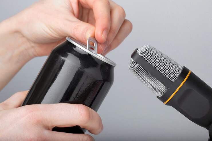 Persona abriendo una lata cerca del micrófono para asmr